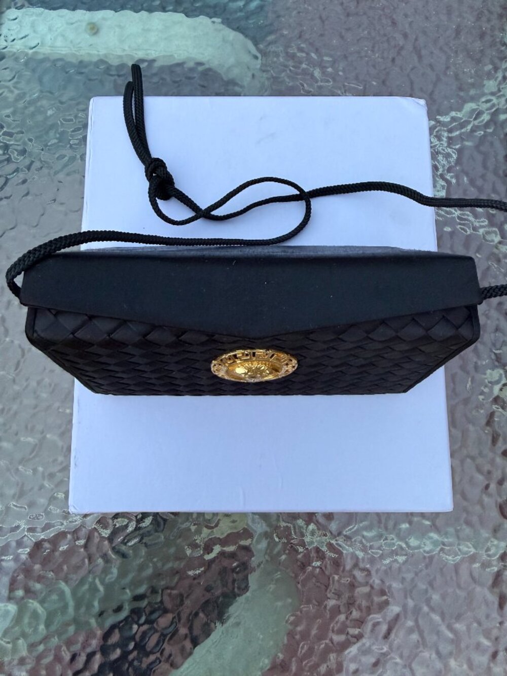 Vintage 90s Black Woven Clutch Gold Medallion – Versace Inspired Statement Bag - Picture 3 of 5